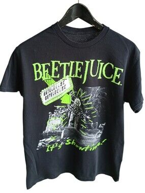 Beetlejuice It's Showtime Graphic T-Shirt Black Neon Tim Burton Movie Tee Medium